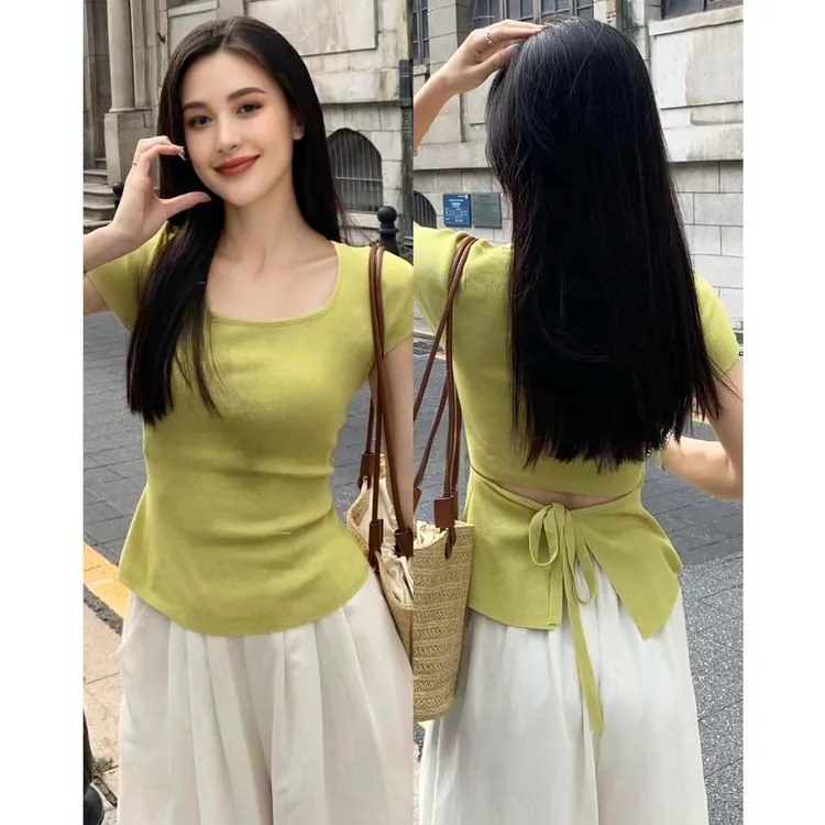 镂空方领冰丝短袖针织衫女2025新款夏季设计感后背绑带薄款上衣女