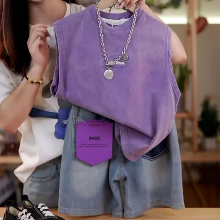 儿童夏季无袖背心牛仔短裤套装25新款上衣圆领宽松男女童运动套装