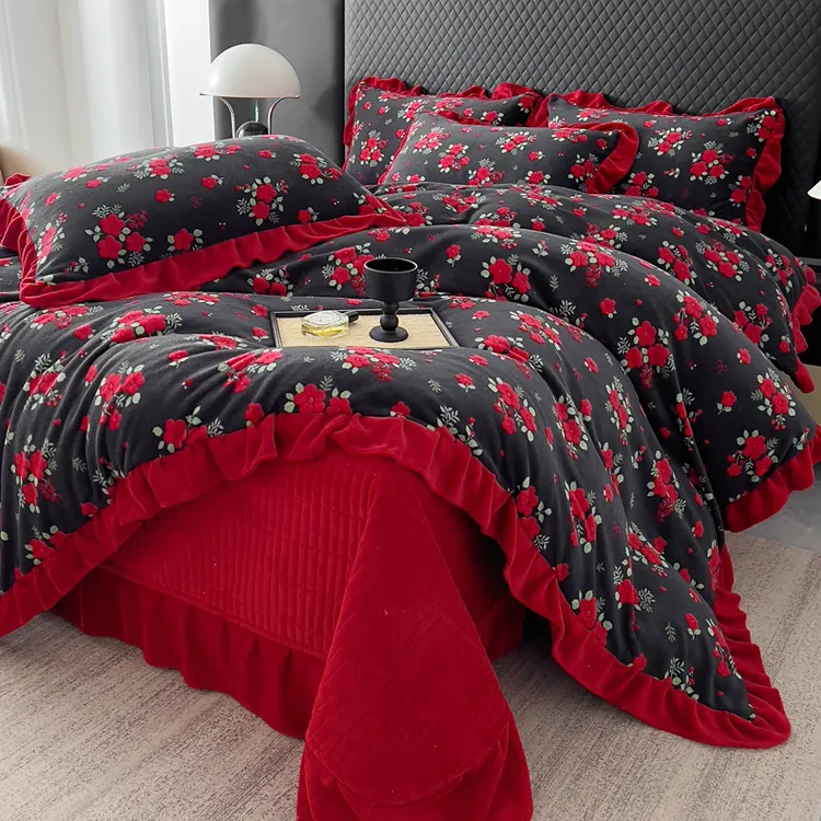 牛奶绒床盖四件套冬季加厚保暖珊瑚榻榻米防滑花边床上床单4件套