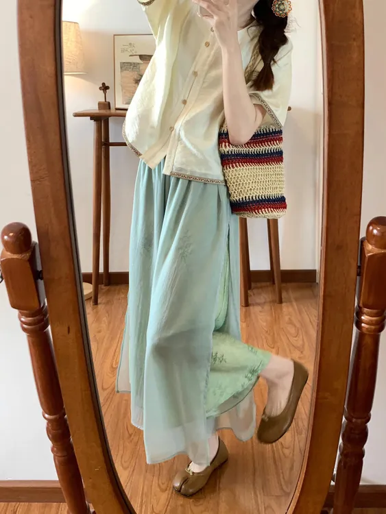 新中式女装国风清冷感穿搭禅意改良汉服上衣古风阔腿裙裤两件套装