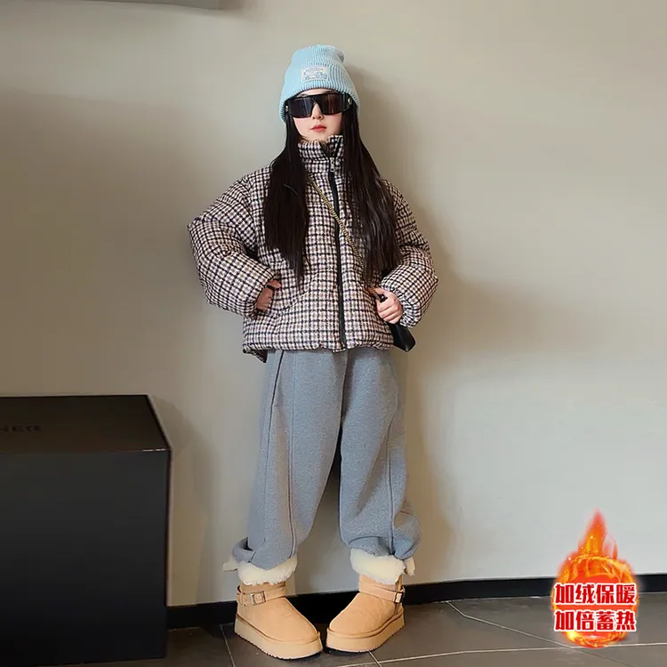 女童加绒套装时尚复古加厚保暖千鸟格棉服弯刀裤两件套2025冬童装