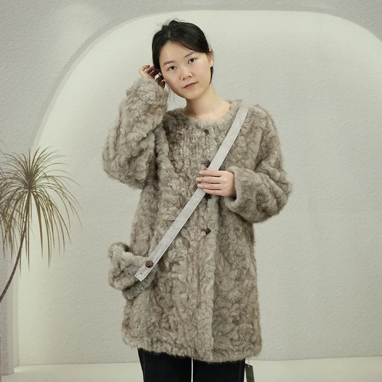 人造皮草 女中长款圆领小个子保暖气质带帽子毛毛外套2025冬季新