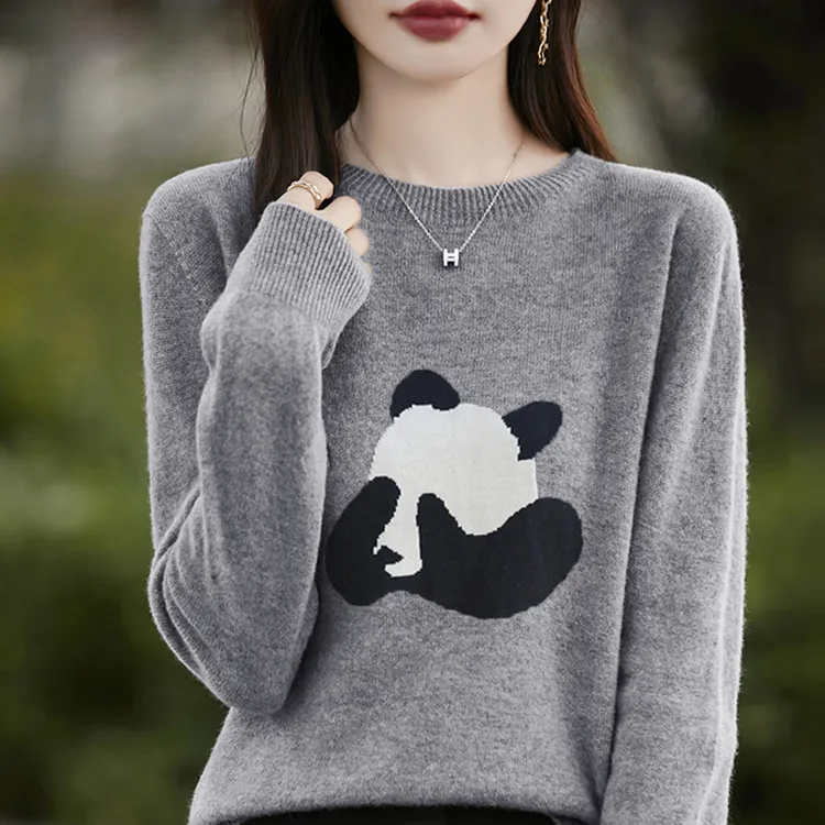 哥弟阿玛施正品秋季新款提花圆领针织衫熊猫刺绣套头百搭打底爆款