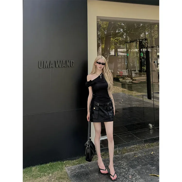 2025春夏季新款修身显瘦设计感斜肩上衣气质时尚高级感收腰半身裙