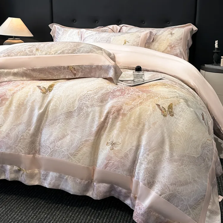 轻奢风缎纹兰精天丝四件套凉感裸睡大宽边被套床单床笠款床上用品