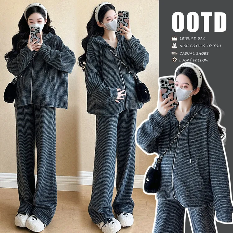 秋冬新款连帽条纹孕妇套装显瘦时尚百搭通勤孕妇加厚孕妇两件套秋