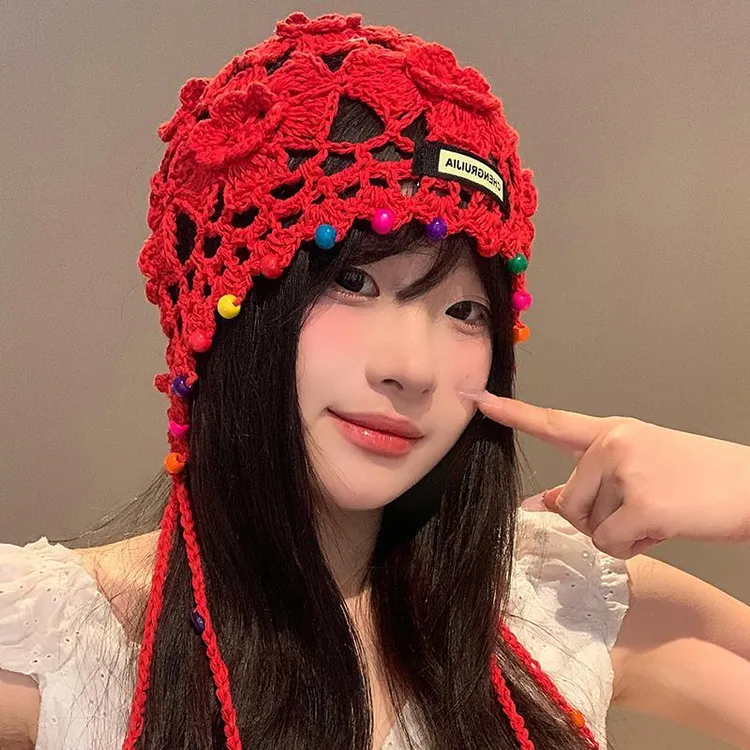 花朵流苏手工编织包头帽女针织秋冬波西米亚镂空套头帽红色帽子