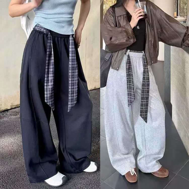 复古慵懒风格子百搭高腰休闲裤女秋款宽松显瘦拼接弯刀裤阔腿裤
