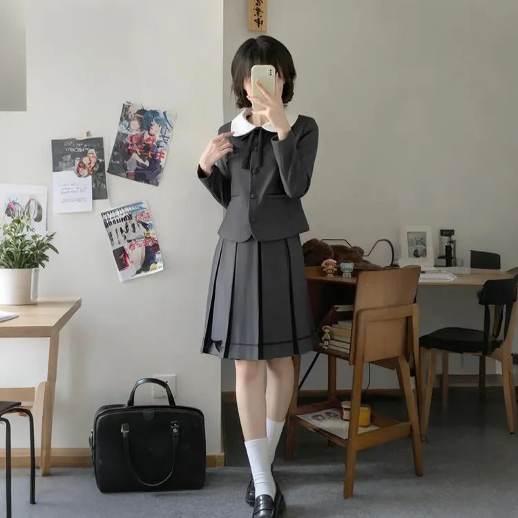 JK原创【椿日高】日系学院校供感风圆领西服外套长袖箱褶女中裙套装