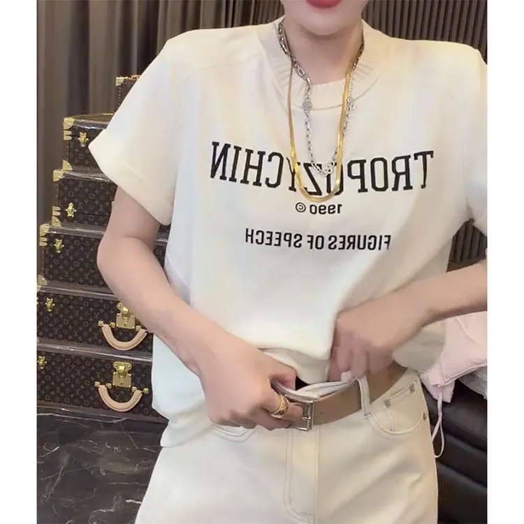 萱贝纯字母印花后拉链圆领T恤2026春季新款减龄百搭正肩加厚短袖