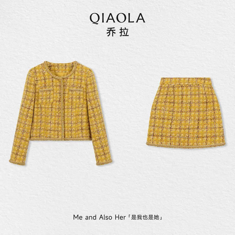 QIAOLA/乔拉【金韵山茶】秋冬季羊毛圆领正肩上衣短裙小香风套装