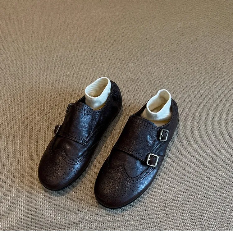 皮带扣复古英伦风乐福鞋女2025新款雕花黑色百搭布洛克平底小皮鞋