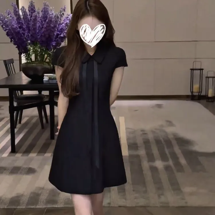 法式名媛优雅气质娃娃领短袖连衣裙女夏季新款纯色修身显瘦连衣裙