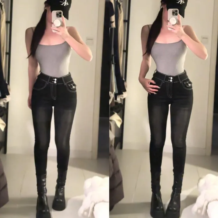 一只予【建模线条】牛仔小脚铅笔黑灰弹力裤显瘦丰胯美胯韩系复古