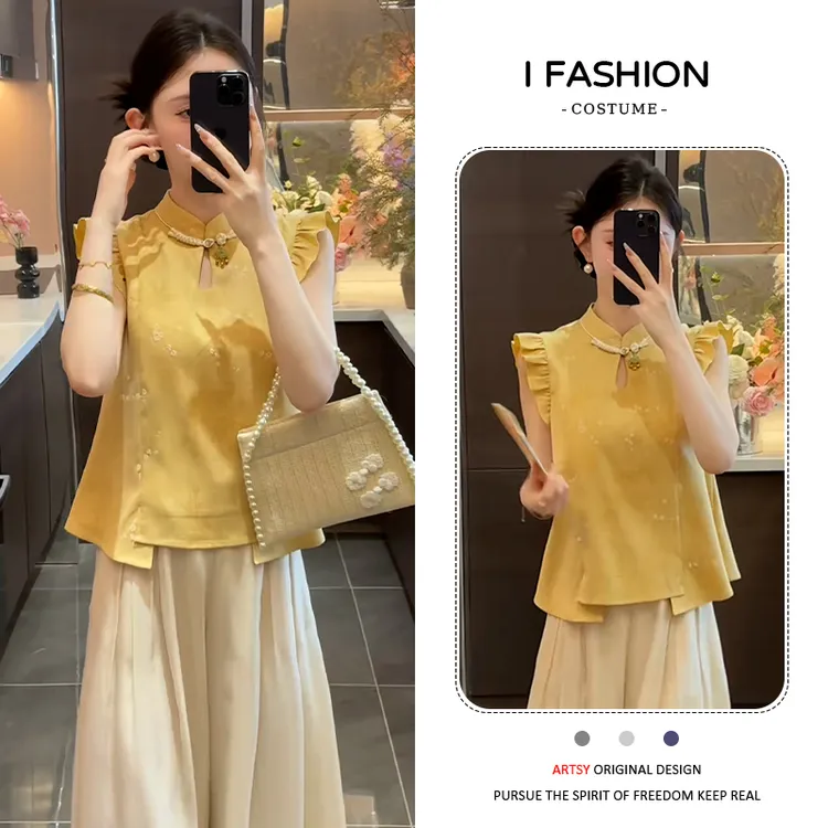 洋气减龄立领飞飞袖衬衫女2025年夏季新款小个子显瘦中式国风上衣