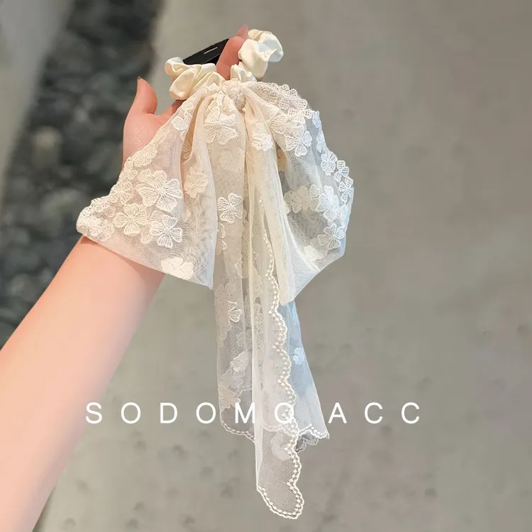 法式仙美蕾丝刺绣花边飘带肥肠圈氛围感超仙扎马尾发绳发圈头绳
