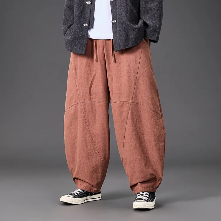 秋季棉麻哈伦裤男士大码百搭灯笼裤新国风潮流宽松休闲直筒阔腿裤