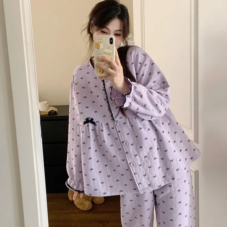 大码孕妇睡衣秋冬带胸垫加厚夹棉空气棉月子服哺乳产后家居服套装