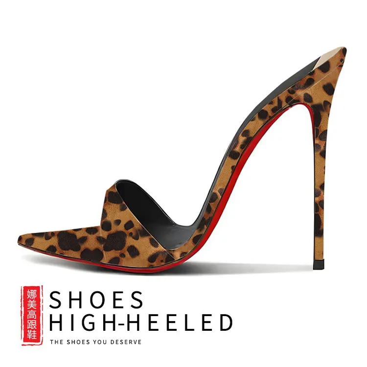 新款2026尖头豹纹红底高跟鞋女超高跟凉鞋细跟小众气质外穿半拖鞋