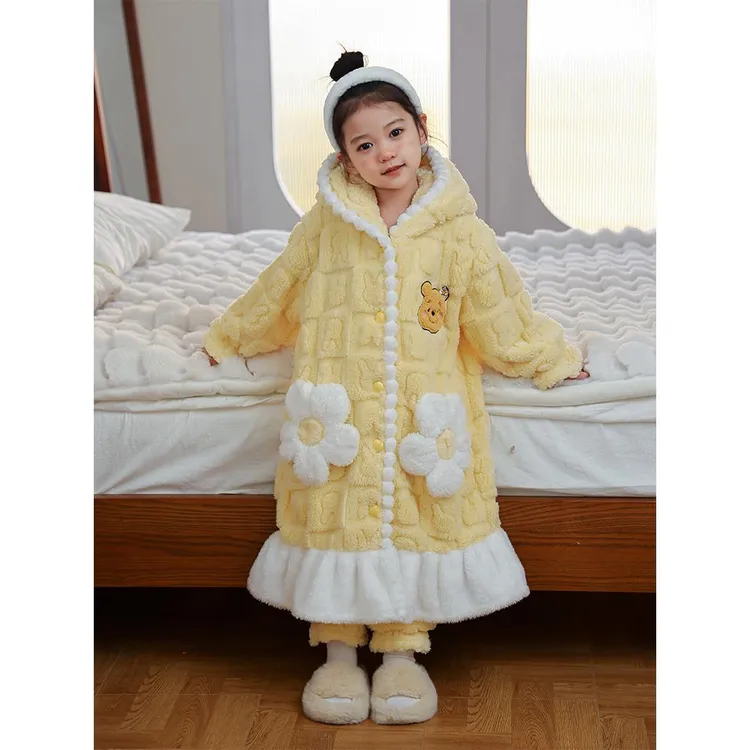 奥莱正品儿童睡袍珊瑚绒冬装加厚家居服中大童女童法兰绒12岁睡袍