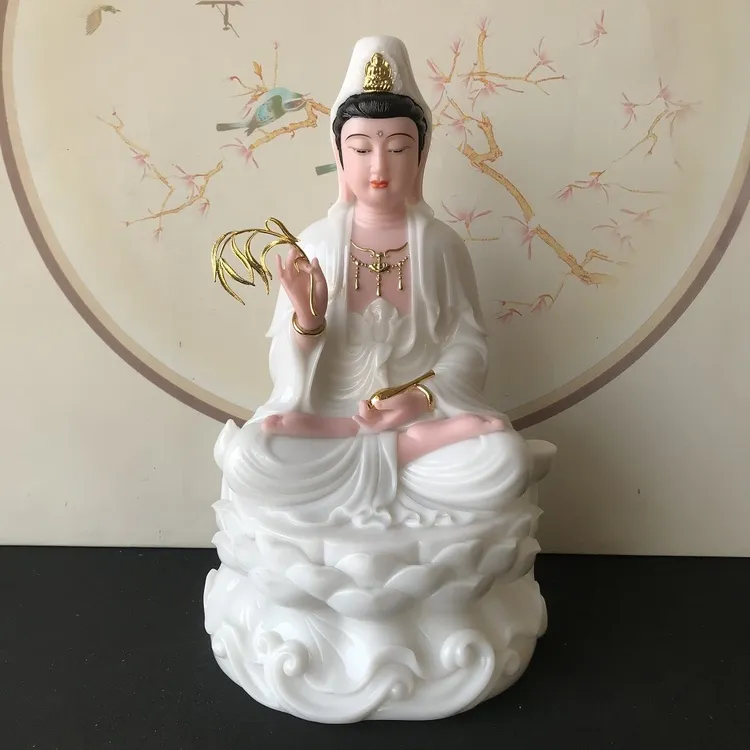汉白玉观音坐莲南海观世音菩萨家用供奉观音佛堂桌面佛像摆件