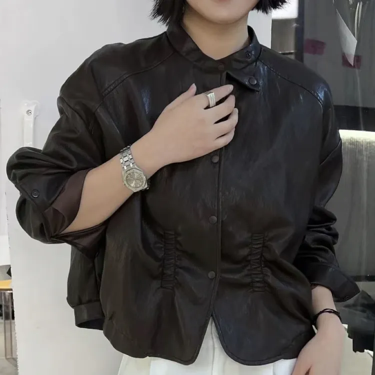 长袖短外套百搭秋季单排扣时尚上衣立领圆领网红女皮衣