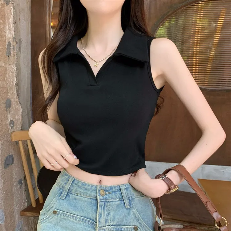 小众百搭显瘦无袖打底衫背心女夏韩版polo领设计感上衣遮肉修身