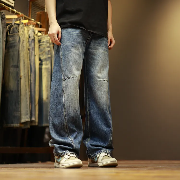 K5018宽松拼接休闲水洗复古潮流高街搭配大弯刀牛仔裤