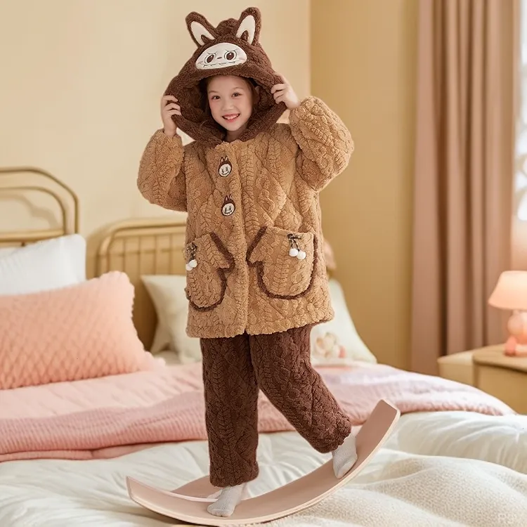 女童三层夹棉睡衣儿童冬季珊瑚绒加厚绒加卡通少女12岁学生家居服