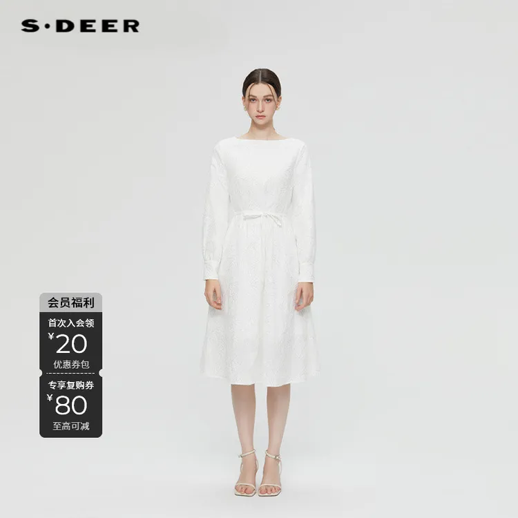 S·DEER圣迪奥女装显瘦气质长袖白色时尚法式收腰连衣裙S253Z1298