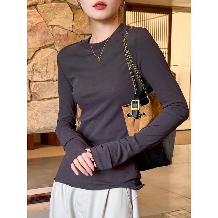 黑色打底衫女2025新款秋冬季正肩麻纱长袖t恤内搭上衣外穿高级感