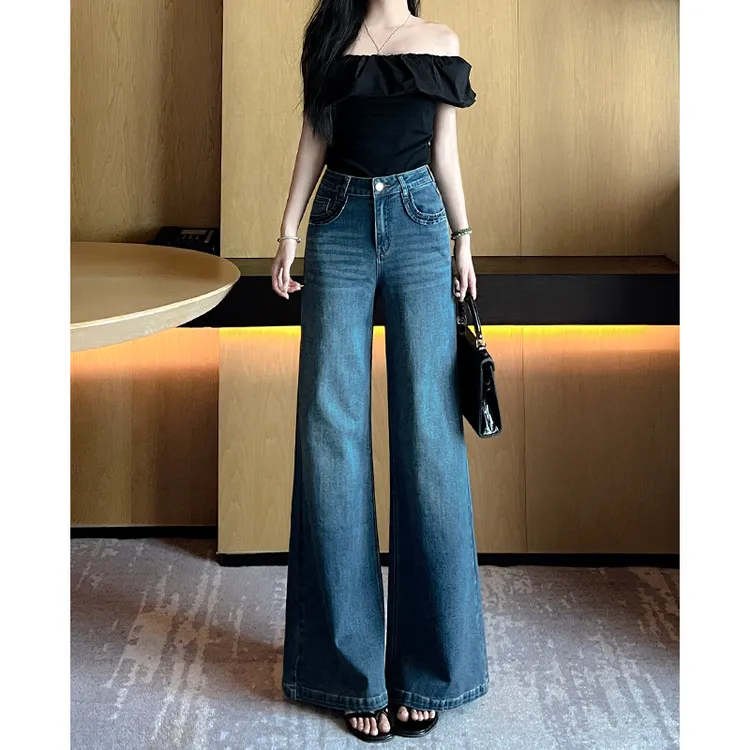 喇叭裤复古阔腿牛仔裤女早秋季长裤宽松显瘦弹力小个子垂感拖地微