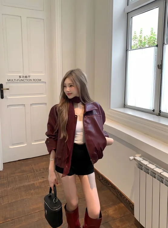 2025新款韩系安可拉红复古皮衣机车夹克女美式翻领短外套上衣女