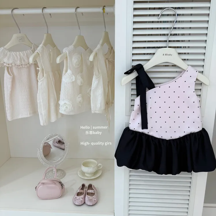 【乐恩baby】法式甜美！原创款夏女童粉色波点蝴蝶结斜肩背心花苞裙