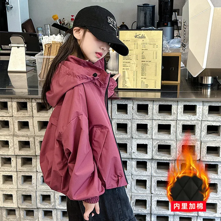 女童夹棉外套秋冬装2025新款洋气中大儿童连帽上衣加厚韩版休闲潮