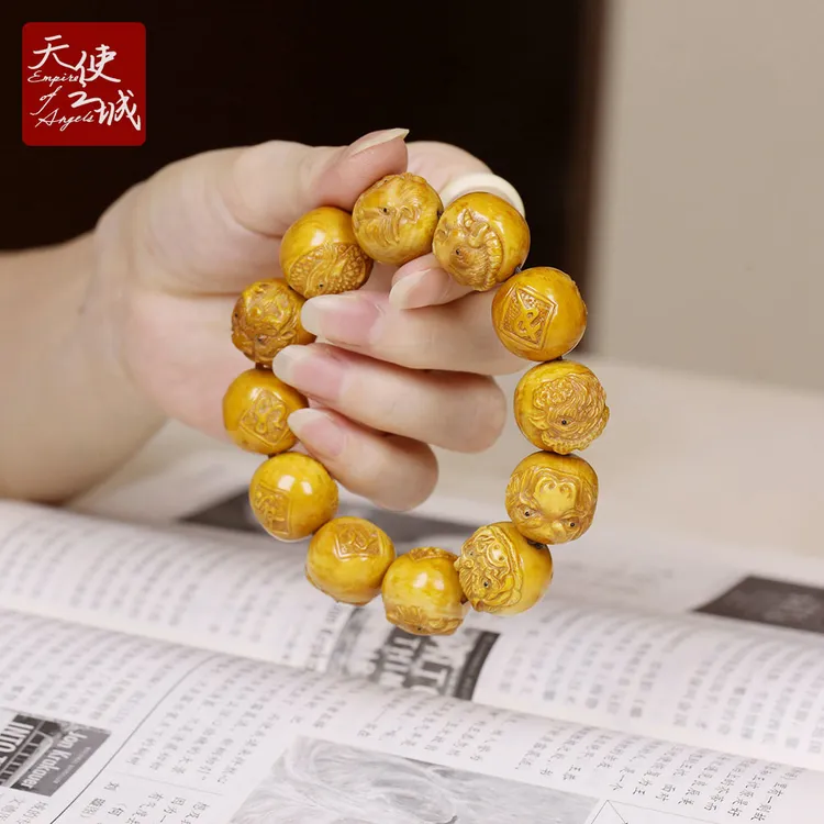 天然猛犸象牙十二生肖佛珠手串