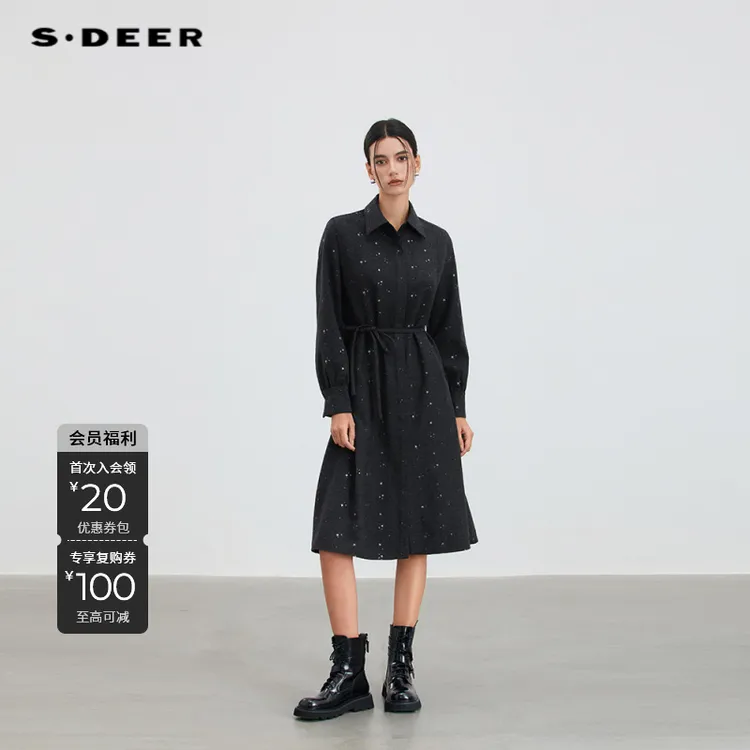 S·DEER圣迪奥冬季新款长袖显瘦气质轻奢翻领连衣裙S254Z1209