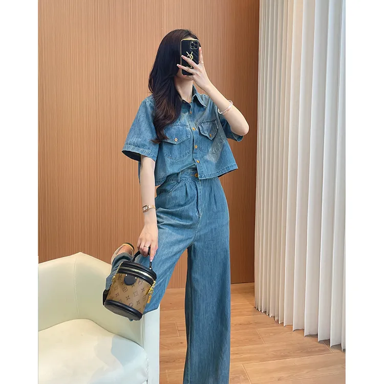 牛仔套装女装2025新款阔腿裤短袖洋气减龄港风欧货夏季裤子两件套