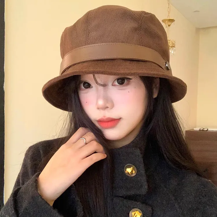 2025新款韩系秋冬咖色渔夫帽子女士大头围显脸小千金礼帽日系盆帽