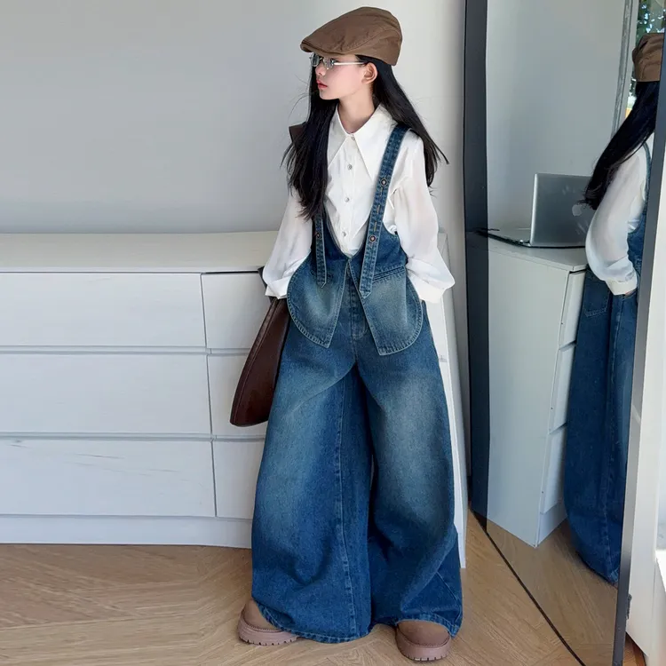 【酷哒仔】女童设计感牛仔背带裤衬衫两件套装2025秋季中大童学生潮