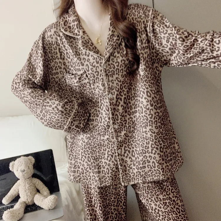 韩系轻奢豹纹睡衣女款春秋冬季德绒保暖大码加肥200斤家居服套装