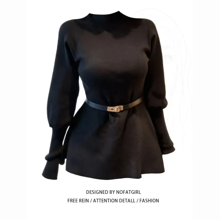 法式时尚半高领灯笼袖加厚收腰德绒磨毛衣女秋冬显瘦内搭长袖上衣