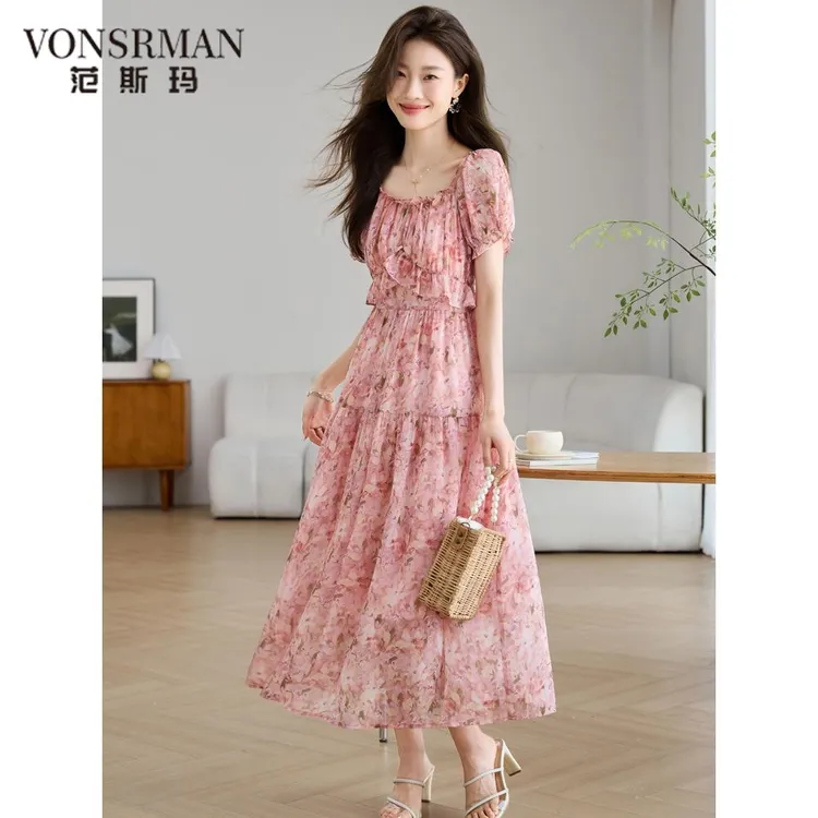 连衣裙2025新款女夏季小个子遮肚子气质收腰显瘦高级感粉色碎花裙