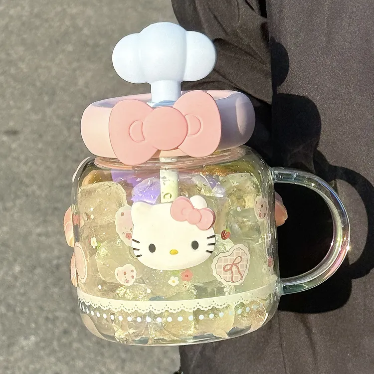 Kitty玻璃杯吸管杯女生高颜值大容量办公室桌面吸管大肚杯带手柄