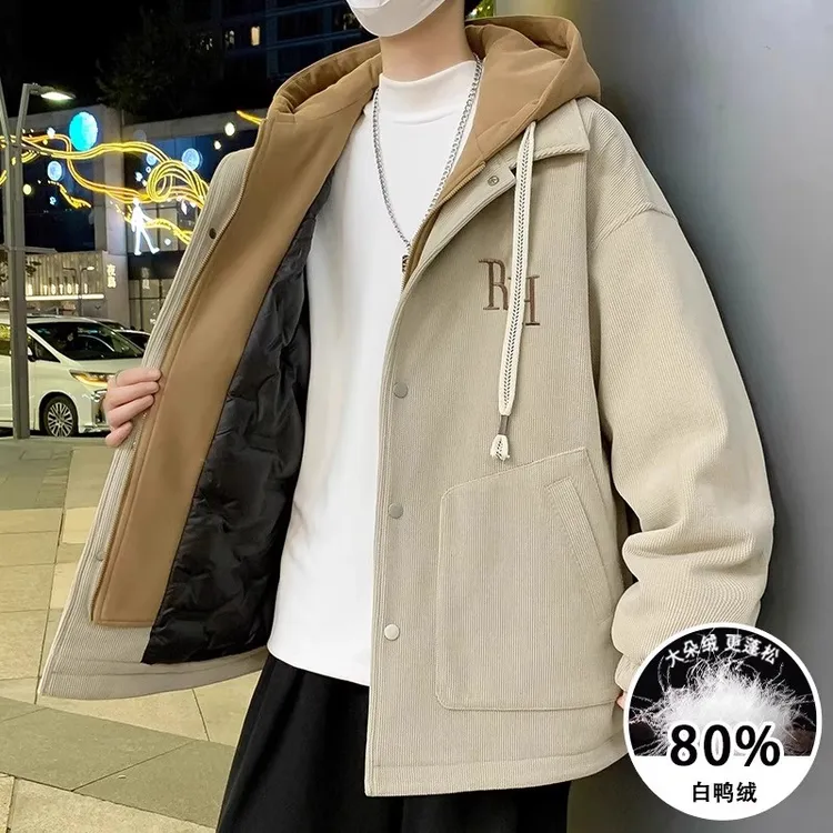 仓石一树灯芯绒羽绒服男冬季潮牌连帽假两件青少年白鸭绒加厚外套