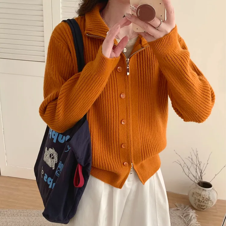 【洋妞专属】秋季新款女装立领拉链单排扣针织开衫软糯设计感毛衣外套女