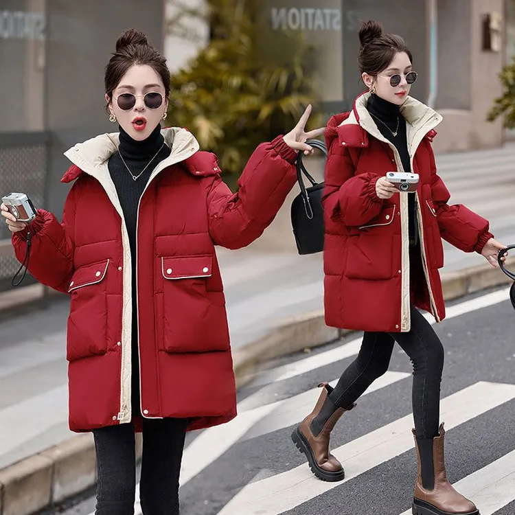 质量好时尚拼色服女中长款冬季新款韩版宽松连帽加厚棉袄外