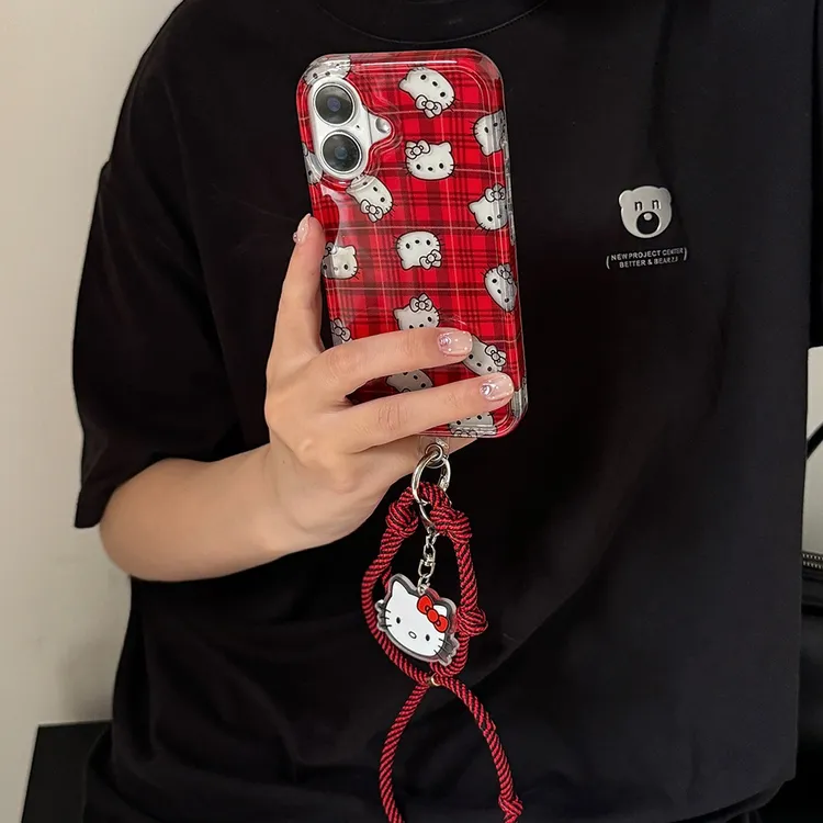 经典红格纹可爱KT适用16pro苹果16ProMax手机壳iPhone15新款14女