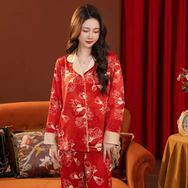 达芬奇密码花箩锻红色2025年新款睡衣轻奢可外穿女睡衣家居服套装