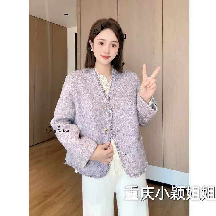2025秋冬新款气质百搭V领双面羊毛小香外套2515